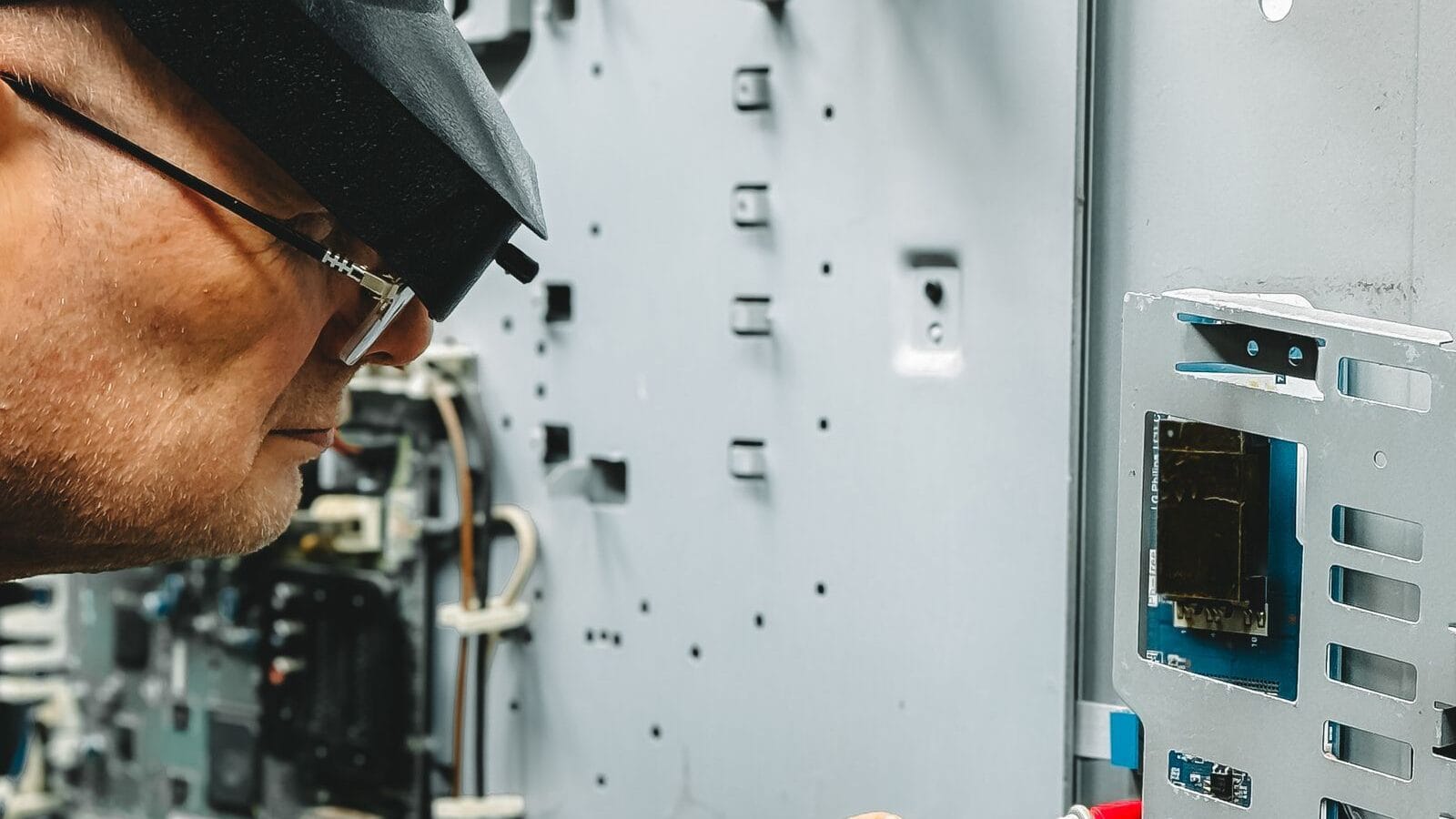 Engineer in safety equipment inspecting industrial equipment with measuring tools