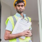 Engineer in hard hat and safety vest reviewing technical documents on a clipboard