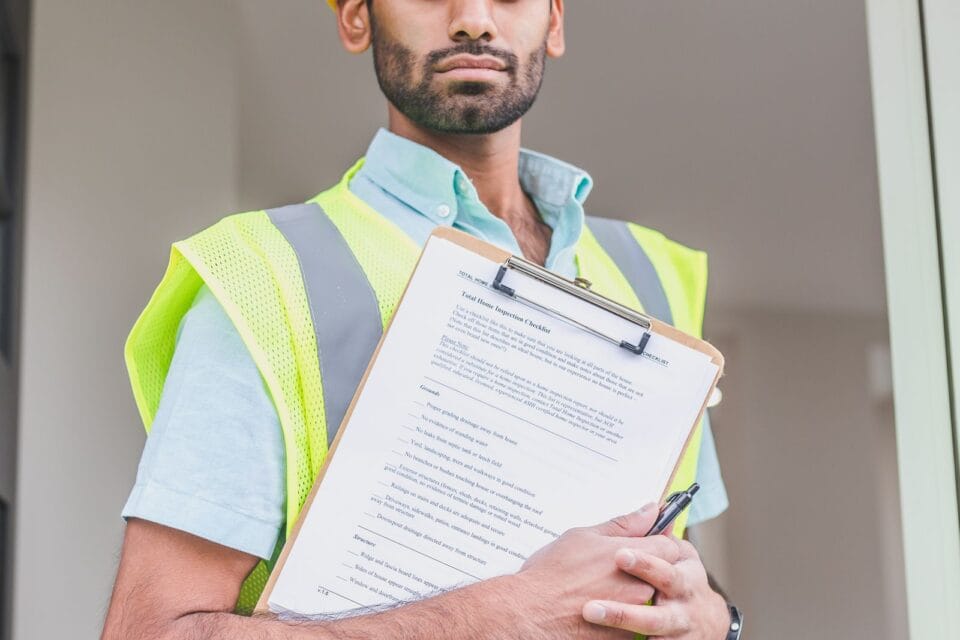 Engineer in hard hat and safety vest reviewing technical documents on a clipboard